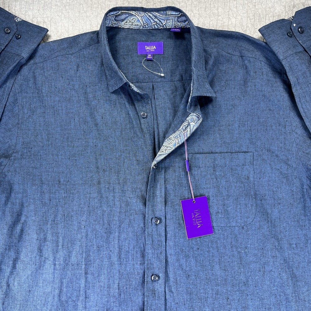New Tallia Button Down Shirt Mens XXL Blue Linen Blend Paisley Trim Long Sleeve